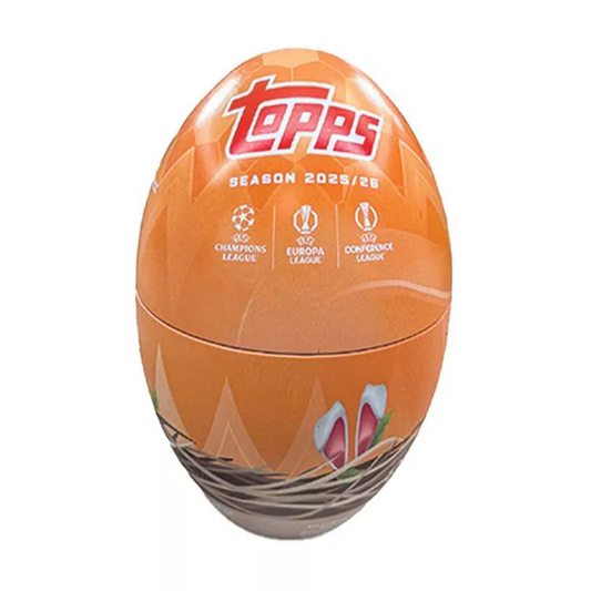 -              2025-26 Topps Flagship UEFA UCC Club Competitions ORANGE Easter Egg Tin Soccer (Factory Sealed)